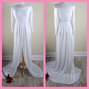 Maternity photo shoot White dress On Off Shoulder Open Skirt Long Sleeves OSFM